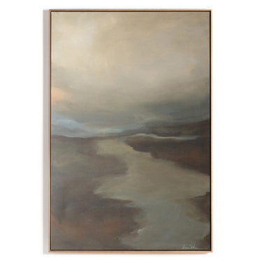 A canvas print titled 'Valley Fog' featuring a landscape with a body of water and a sky with clouds.